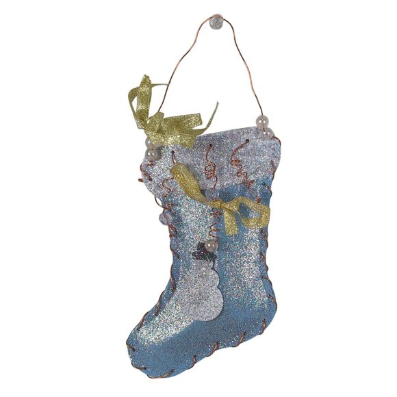 Handmade Blue White 2 Glitter Ornaments Christmas Stocking Metal 5.5" Snowman - Picture 2 of 9